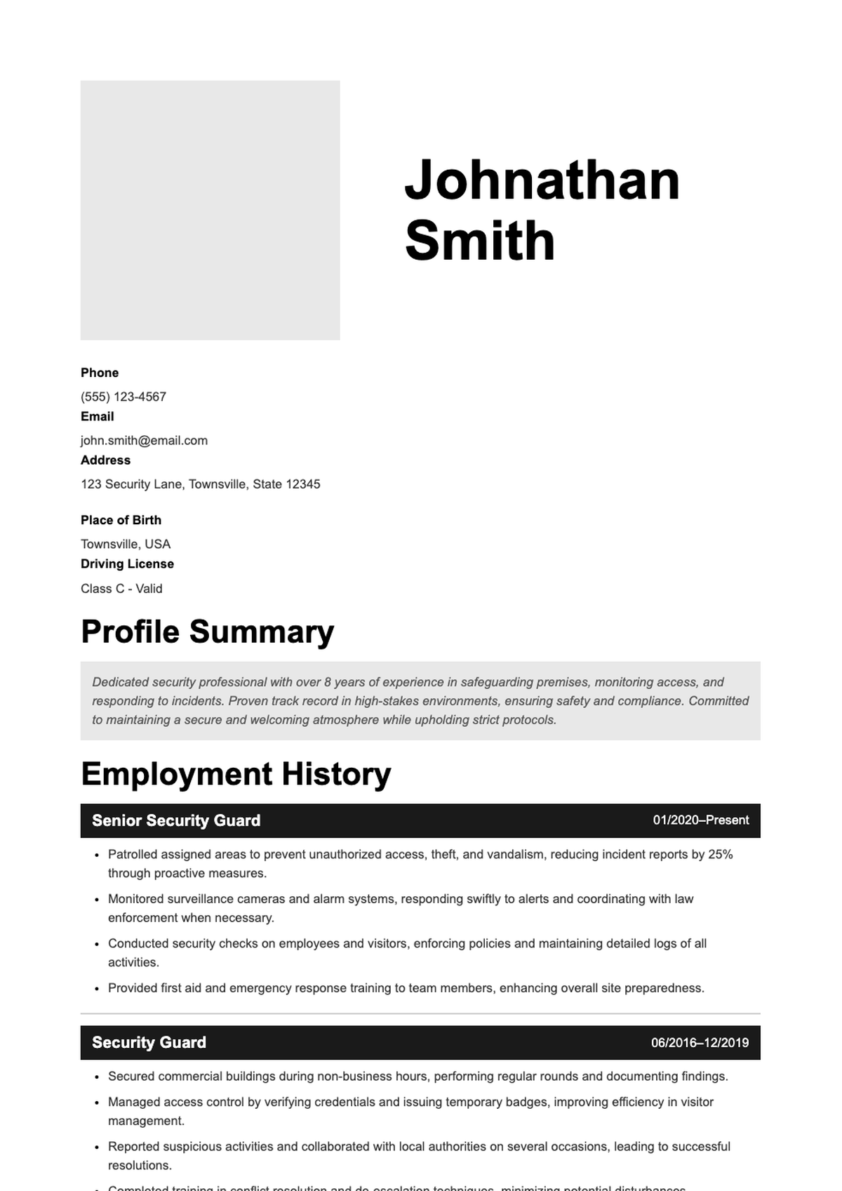 Professional security guard resume with profile employment history skills and languages_variant_2